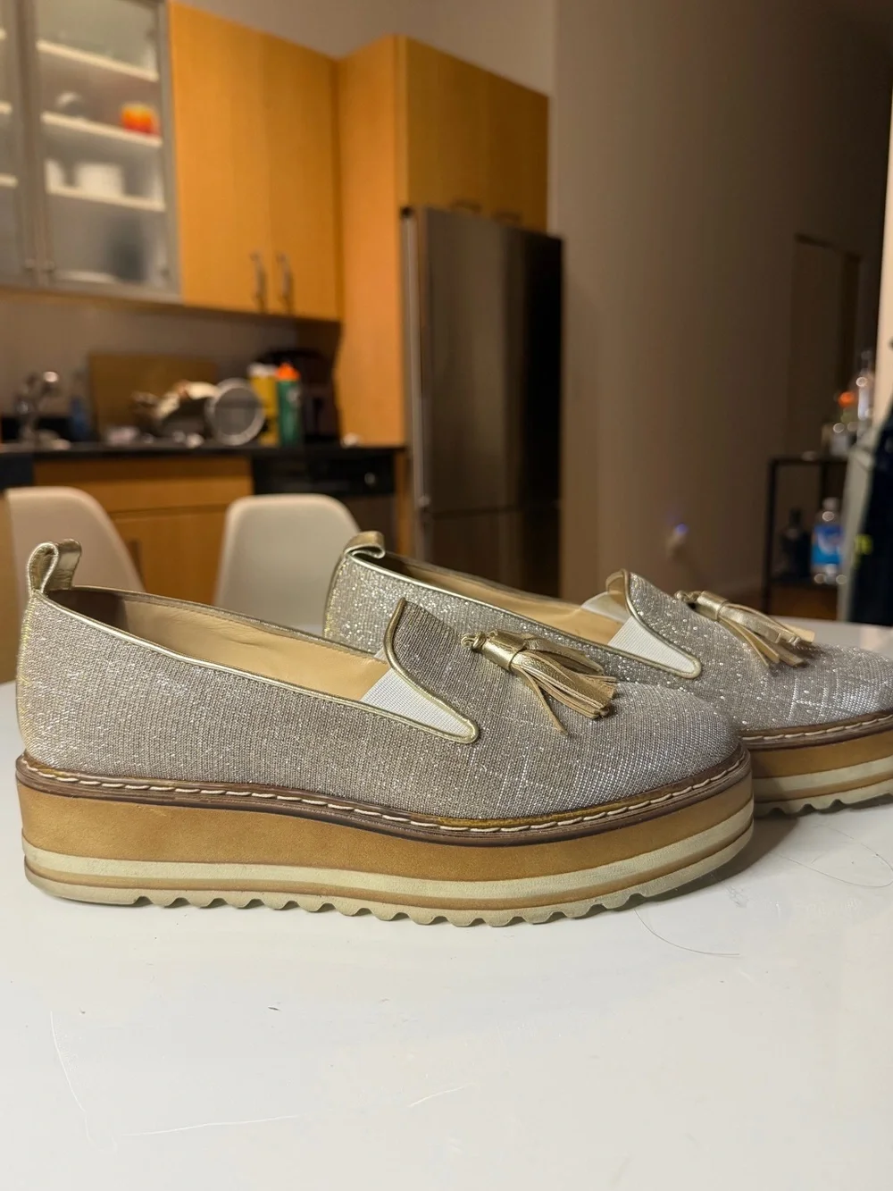 Gold Sparkle Tassel Platform Loafers